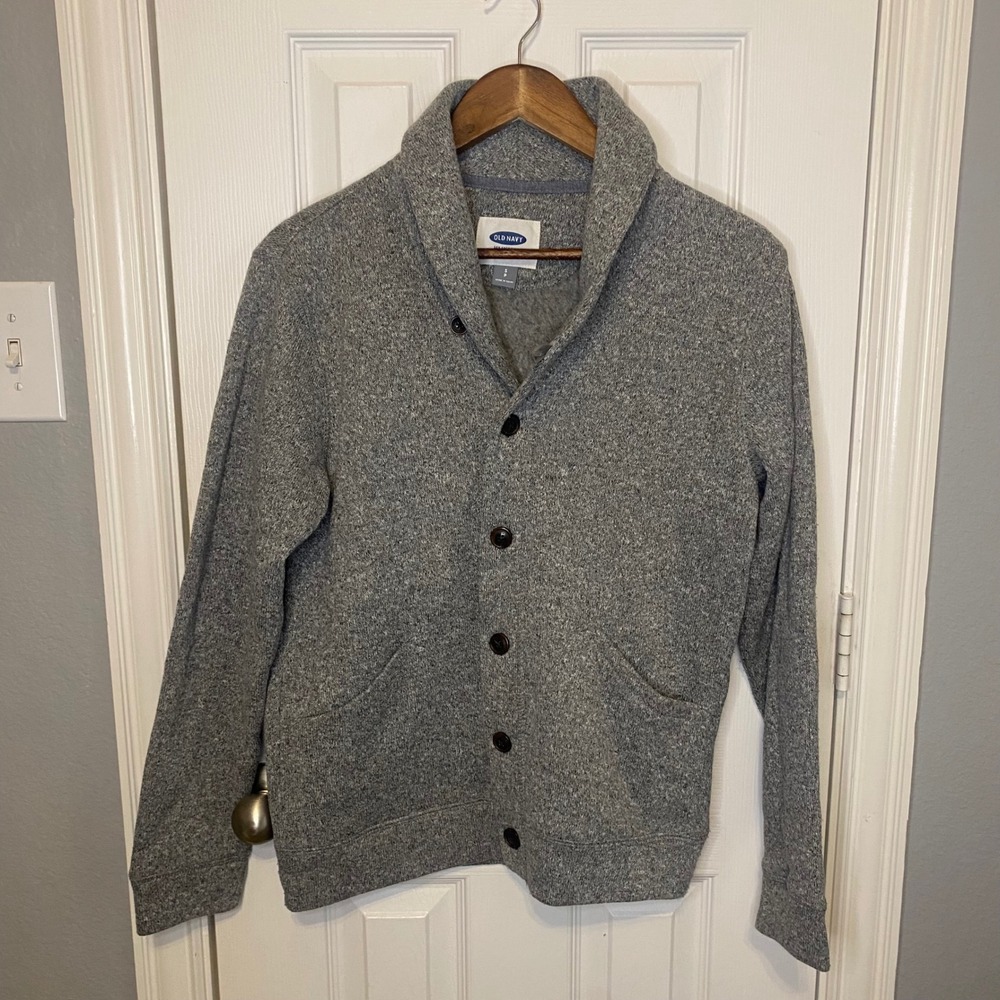 Old Navy Mens Small‎ Cardigan Sweater Shawl Collar Gray Button Front Grandpacore